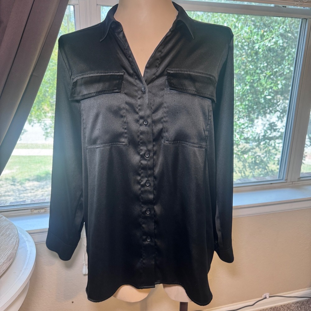 Simply Vera Vera Wang Black Satin Button Down Blouse Long Sleeve Pockets Large